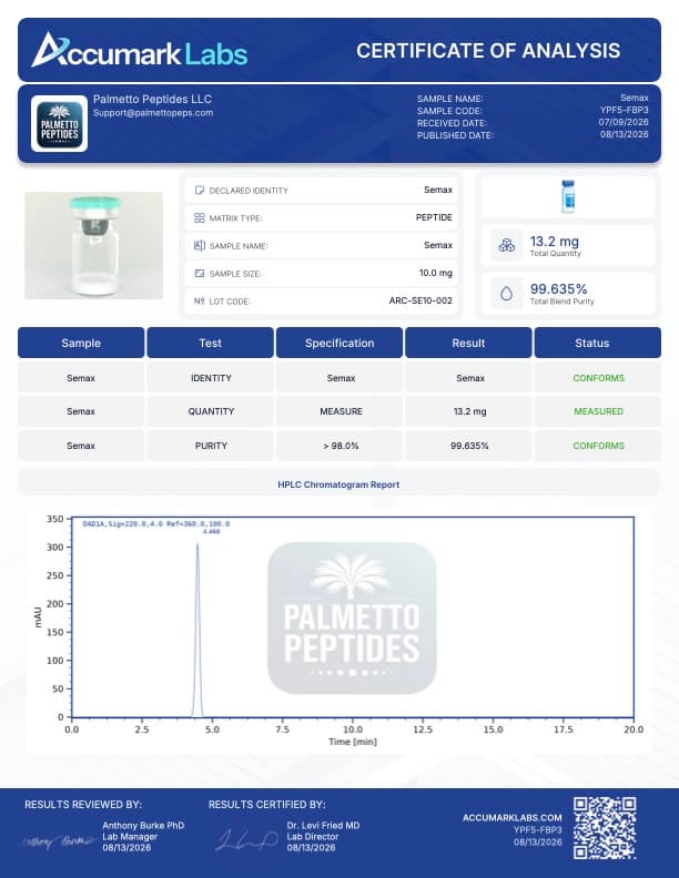 Semax 15mg Research Peptide | Nootropic & Neuroprotective Research | COA Verified certificate of analysis - Palmetto Peptides